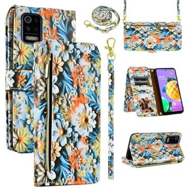 Imagem de Dswteny Capa carteira para LG K52/K62/K42/K53/Q52 com alça de ombro, 9+ compartimentos para cartões, bolsa com zíper, suporte de couro floral, suporte de cartão, capa para celular K 52 42 62 5G 4G LTE