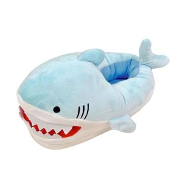 Imagem de Colaxi Chinelos de pelúcia de tubarão, chinelos de pelúcia de animais, quentes, aconchegantes, antiderrapantes, sapatos de casal para mulheres, Azul Claro