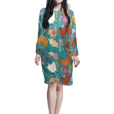 Imagem de BYCHECAR Vestido de pijama feminino manga longa para dormir pequeno camisola camisola feminina vestido camisa de dormir G, Flor de galinha 2, M