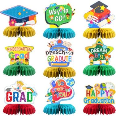 Imagem de 9 peças de decoração de colmeia de mesa de pós-graduação de jardim de infância, centros de centro de festa de formatura de jardim de infância, suprimentos de decoração de festa de formatura