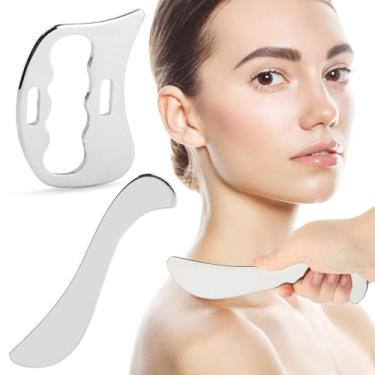 Imagem de HOUSEEN Conjunto Gua Sha de aço inoxidável 2 em 1 – Raspador de fáscia em forma de S e ferramenta de massagem em forma de D com bolsa de armazenamento de feltro para terapia muscular, alívio de