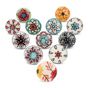 Imagem de Ajuny Puxadores de cerâmica pintados à mão para porta de armário e móveis para cozinha, banheiro, cômoda, puxadores decorativos, puxador de acabamento brilhante, multicolorido, conjunto de 12