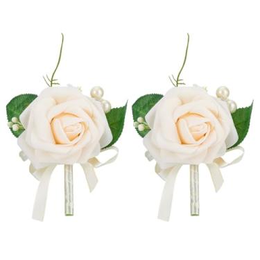 Imagem de PLIGREAT 2 peças de flor rosa corsage para homens, broche de flor artificial branco alfinetes de lapela para noivos padrinhos noiva dama de honra decorações de terno para cerimônia de casamento