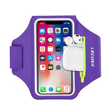 Imagem de HAISSKY braçadeira de corrida com braçadeira de celular para iPhone 11/11 Pro/XR/XS/8/7, capa de telefone esportiva resistente à água com tela sensível ao toque e compartimento para zíper para chave de carro para telefone de 6,5 polegadas, Purple (Up to 6.5'')