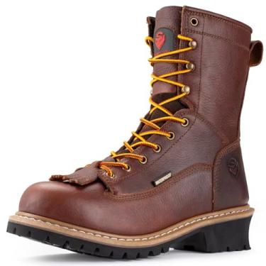 Imagem de SUREWAY Bota masculina impermeável de 20 cm com bico de aço, resistente a óleo/antiderrapante, couro de flor integral mais espessa, sola de borracha cunha, classificação EH, Bico de aço à prova d'água