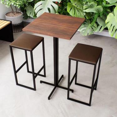 Imagem de Conjunto Mesa Alta Bar Bistrô Quadrada Imbuia 2 Bancos Estofado Indust