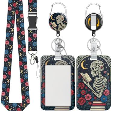 Imagem de Uniclife Porta-crachá deslizante moderno, suporte de cartão de plástico com padrão de esqueleto com mosquetão retrátil e cordão destacável, protetor de cartão vertical para trabalhadores de escritório