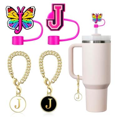 Imagem de VUICCI (2+2) Capa de canudo 10 mm e pingentes de letra inicial acessórios para copo Stanley Tumbler, tampa de palha nome ID personalizado para copo Stanley 30 e 1,134 g copo