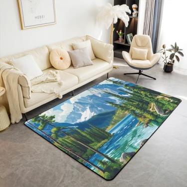 Imagem de Tapete de área de cenário 3D, 12 x 18 cm, para quarto, sala de jogos, natureza, plantas, árvores, sala de estar, aventura, selva, montanha, antiderrapante, lago, vida no lago, tapetes decorativos que