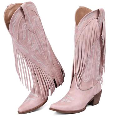 Imagem de Grakihily Botas de caubói para mulheres, retrô, bico fino, sem cadarço, salto grosso, borla, country para concerto, botas de panturrilha ocidental, cowgirl, Pu/rosa, 36