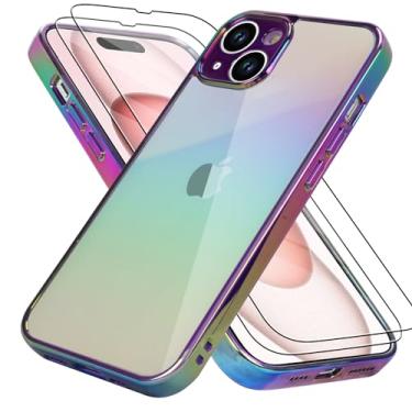 Imagem de Bonoma Compatível com iPhone 15 Plus, capa luxuosa de cristal iridescente fluorescente a laser brilhante + 2 películas protetoras de tela à prova de choque - roxo