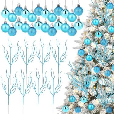 Imagem de 32 peças de decoração de árvore de Natal azul-claro costeira incluem galhos de galhos de enchimento de árvore de Natal com glitter de 33 cm e enfeites de bola de Natal azul claro para decorações de
