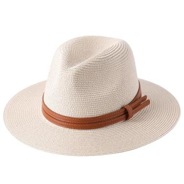 Imagem de Chapéu de palha Panamá de verão masculino e feminino, aba larga, proteção UV, chapéu Fedora Bege1 L59-60 cm