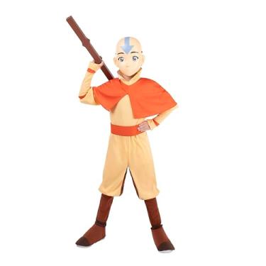 Imagem de Fantasia oficial de Halloween Avatar Aang para jovens – Macacão de qualidade premium com capa anexada, cinto, máscara e bastão