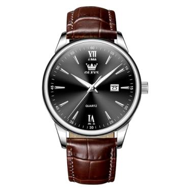 Imagem de OLEVS Relógios de couro masculinos com pulseira de couro para homens com data, à prova d'água, rosto grande, fácil leitura, casual, quartzo, analógico, minimalista, Relojes para Hombres, Couro marrom