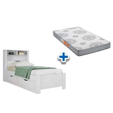 Imagem de Colchão Solteiro Pérola Polar (1un) + Cama Invicta C- 2 Gavetas Branco