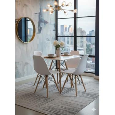 Imagem de Conjunto Mesa de Jantar Quadrada 80cm Branca com 4 Cadeiras Eames, Base Madeira, Estilo Moderno