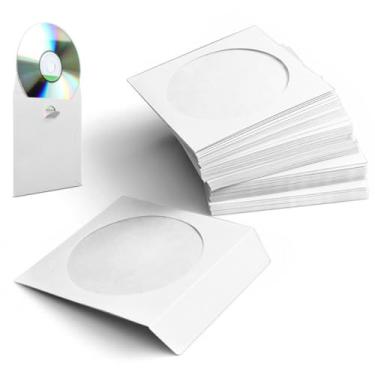 Imagem de Flexzion Pacote com 100 capas grossas de papel para CD DVD (brancas) Estojos de Envelope padrão para armazenamento premium com janela recortada e aba para música, filme, videogame, disco