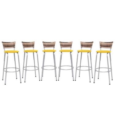 Imagem de Banqueta Altas Junco Cappuccino Estrutura Prata 70cm Para Balcão Cozinha, Bar, Bistrô, Americano Kit 06 Unidades - Itagold (Amarelo)