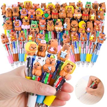 Imagem de LiYiQ 50 peças de canetas multicoloridas para festa de capivara em um desenho animado, fofa, divertida, 4 em 1, canetas esferográficas kawaii, capivara, para presentes divertidos