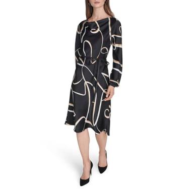 Imagem de H Halston Vestido feminino de manga comprida e gola drapeada com cinto estampado geométrico, multicor, 48