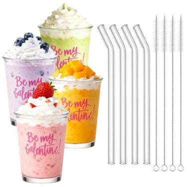 Imagem de FoldTier Conjunto de 4 copos de vidro para dia galentino com canudos e pincéis de canudo 350 ml, decorações de festa de dia dos namorados, copos de café, frascos transparentes para casais amantes