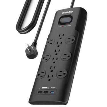 Imagem de PD 20W USB C Power Strip Protetor contra surtos (3480Joules), Huntkey 12 AC USB Power Strip Preto Várias tomadas e plugue plano de 1,8 m de comprimento resistente para iPhone 13, computador, aparelhos de cozinha, escritório