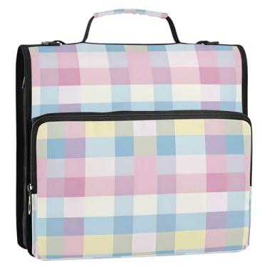 Imagem de CEBUGI Fichário de 3 anéis com zíper com alça de ombro, pasta de arquivo expansível de 3,8 cm, anéis D, para escola, escritório, tabuleiro de xadrez colorido