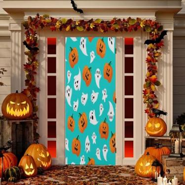 Imagem de Wassud Decoração de capa de porta de fantasmas abóboras de Halloween faixa interna para área externa decoração de casa de varanda grande decoração de porta da frente 96 x 98 polegadas