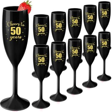 Imagem de LemonRoad 12 peças Cheers to 50 Years Taças de champanhe, reutilizáveis, artigos para festa de 50 anos, brinde de plástico, taça de champanhe, taças de coquetel pretas para aniversário de casamento