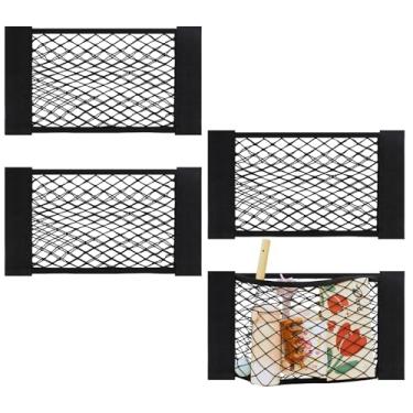 Imagem de Rede de malha de armazenamento de carga 4 peças, bolso elástico elástico com 8 adesivos para acampamento, trailer, SUV, caminhão (17,7 x 9,5 polegadas) – Perfeito para guardar artigos de higiene