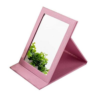 Imagem de Espelho de penteadeira espelho de maquiagem de mesa, espelho de mesa dobrável com capa acolchoada de couro PU com suporte de moldura de couro sintético - espelho de beleza retangular (cor: vermelho