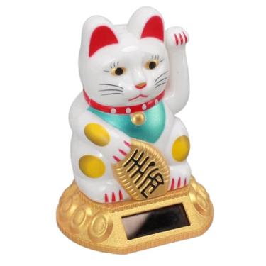 Imagem de Irfora Estátua de Braço Oscilante Com Luz Solar de Gato da Fortuna Chinesa, Amuleto Riqueza, Sorte, Decoração Carro para Casa Alegre Plástico Premium (Branca)