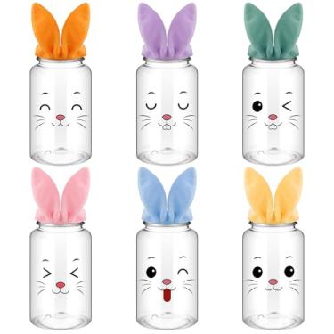 Imagem de FoldTier 6 potes de doces de Páscoa com tampa de orelha de coelho, pote de doces transparente com luzes de LED, recipiente decorativo de armazenamento de alimentos para decoração de mesa de biscoito