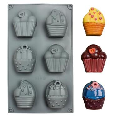 Imagem de Fchil Conjunto de moldes de silicone para assar, pacote com 3 formas de cupcake de waffle, forma antiaderente cinza para sobremesas, design de 6 cavidades (cupcake)