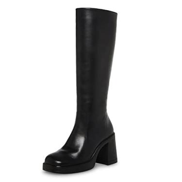 Imagem de SOVANYOU Botas de couro preto plataforma para mulheres, moderno, bico quadrado, salto grosso, zíper lateral, A - Preto, 11 Wide