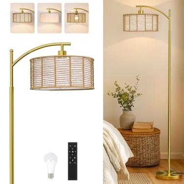 Imagem de Oneach Candeeiro de chão de arco dourado de 162,5 cm para sala de estar, luminária de chão boho de vime com controle remoto e lâmpada regulável, 3 temperaturas de cor, luminária de pé moderna rústica