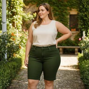 Imagem de Bermuda em sarja com Elastano, Cintura Alta Brim Plus Size Cor:VerdeTa