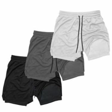 Imagem de Kit 3 Shorts Treino Dry Térmico 2 em 1 com Bolso para Cel. e Porta-Toalha Calção Fitnes...