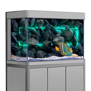 Imagem de Adesivo de fundo de aquário, parede de pedra de rocha retângulo ciano luz neon HD impressão papel de parede decorações de fundo de tanque de peixes PVC pôster de paisagem (11,8x15,7 (30x40cm))