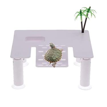 Imagem de HFBlins plataforma flutuante cais de tartaruga com répteis de tartaruga terraço de descanso com simulação de coqueiro, aquários de aquário de peixes (17,3 cm x 13,7 cm x 7,1 cm)