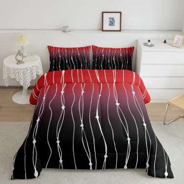 Imagem de Jogo de cama com estampa de gradiente preto e vermelho, estampa de arte em aquarela, linhas geométricas, ombré, moderno, abstrato, para todas as estações, respirável