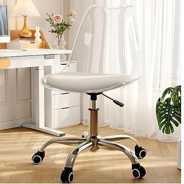 Imagem de Cadeira de rodinhas moderna pequena e sem braços, cadeira ergonômica transparente, cadeira giratória ajustável para escritório, casa, maquiagem, espaço pequeno, quarto de cama (transparente)