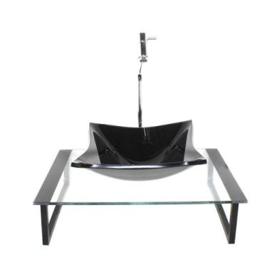 Imagem de Kit Cuba Vidro Quadrada 10Mm Tampo 50Cm Preto Suporte - Cubas E Gabine