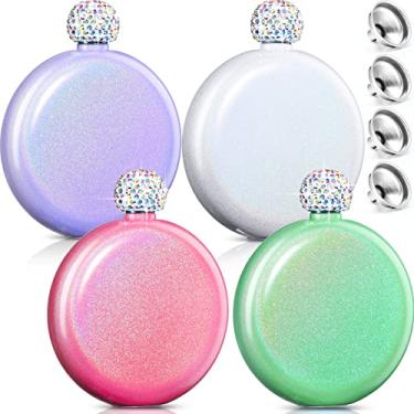 Imagem de 4 Frascos de licor fofos para mulheres 141.7 g 304 cantil portátil com glitter de aço inoxidável para uísque licor vinho com tampa de strass brilhante e 4 funis para bar de bebidas (cor pastel)