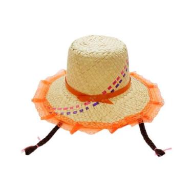 Imagem de Chapéu de Palha de Renda com Trança - Laranja com Detalhes Roxo/Bege -