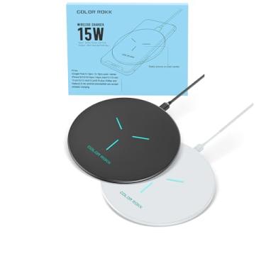 Imagem de Color Rokk Bloco de carregamento sem fio, Carregador sem fio rápido com certificação Qi 15W Max para Google Pixel 6/6Pro, iPhone 13/13 Pro/13 Mini/13 Pro Max/12/SE 2020/11, Samsung Galaxy S21/S20/Note 10/S10 (sem adaptador CA)