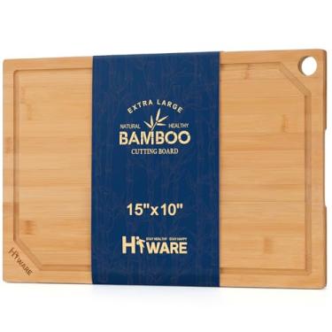 Imagem de Hiware Tábua de corte de bambu para cozinha, tábua de corte de madeira resistente com sulco de suco, bambu 100% orgânico, pré-lubrificada, 38 x 25 cm