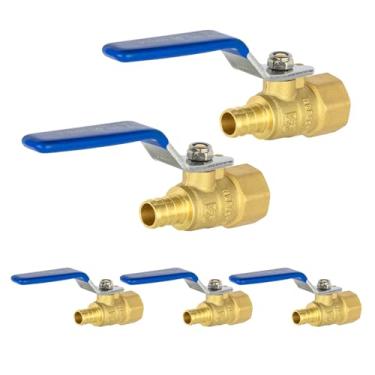 Imagem de (Pacote com 5) EFIELD 1/2 polegada Crimp Pex X 1/2 polegada FNPT Válvula de esfera de desligamento de latão para aplicação em encanamento, ASTM F1807, alavanca azul, certificado cUPC