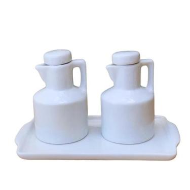 Imagem de Kit 2 Galheteiro 100ml Azeite e Vinagre + Bandeja - Porcelana Branca -